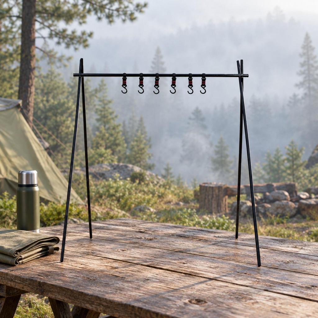 Foldable Camping Rack with Hanging Hooks Compact Triangular Freestanding for