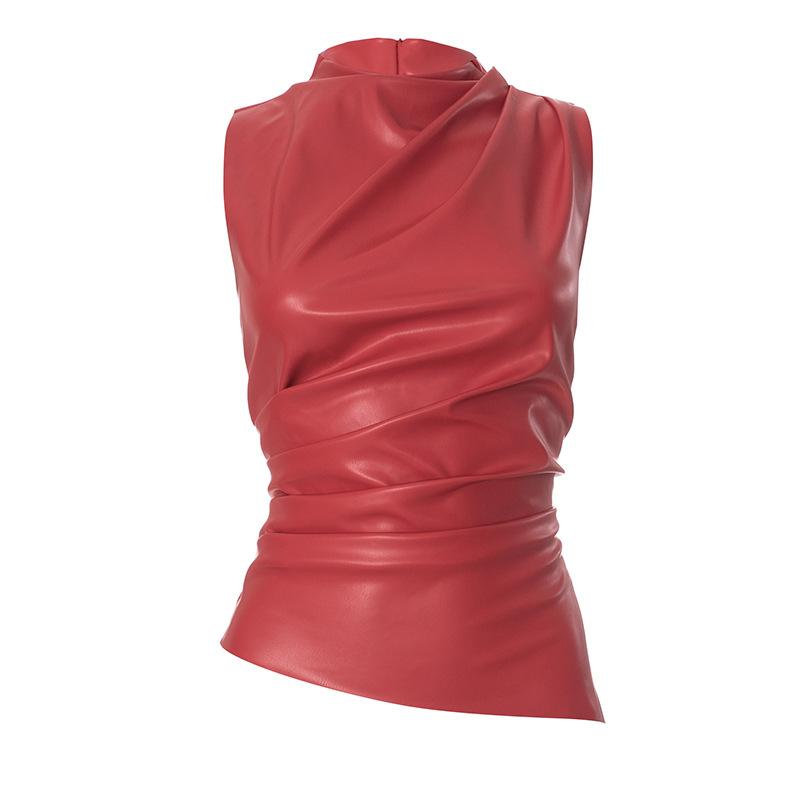 Sleeveless Women Basic Tank Top Y2K Pu Simple High Waist Skinny Pleated Shrunk Slash Cut Tops 2024 Vintage Versatile Noble Shirts 2500