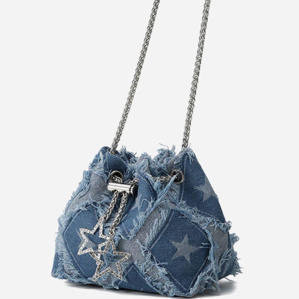 Drawstring Star Denim Bucket Bag Tassel Cloth Shoulder Bag Casual Metal Chain Crossbody Bag  Party