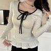 2025 Spring French Style Polka Dot Ruffle Trim Tie-Up Slim Fit Top for Women