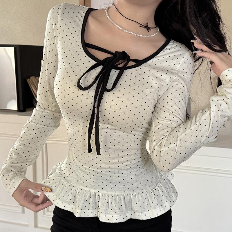 2025 Spring French Style Polka Dot Ruffle Trim Tie-Up Slim Fit Top for Women