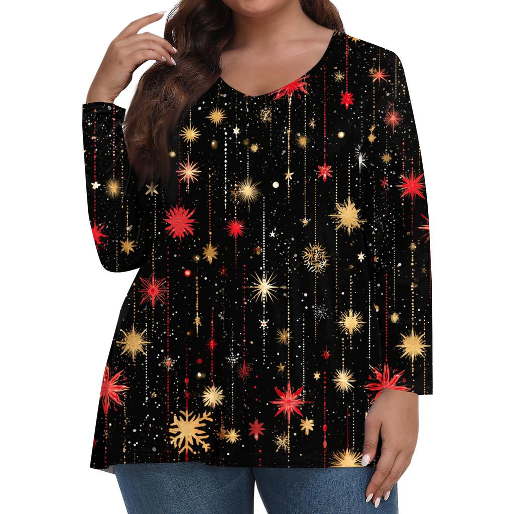 Women's Fashionable Casual Long Sleeved Plus Size Print Top Plus Size Floral Print Top