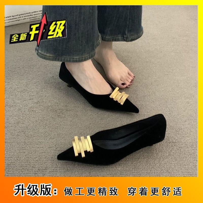 2026 commuter metal buckle single shoes women's high-end temperament suede pointed high heels