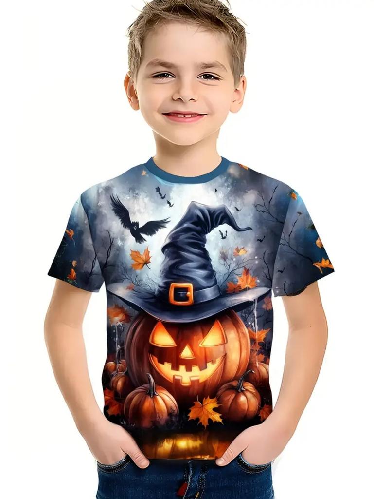 Halloween Kids Clothes Cute Pumpkin Spooky Leaves 3D Print Casual O-Neck Short Sleeve Quick-Dry Boy T-Shirts for Children