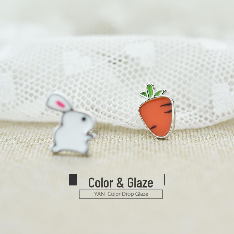 Cute Asymmetrical Rabbit Carrot Earrings - 925 Silver, Simple, Fun Design for Students and Girls