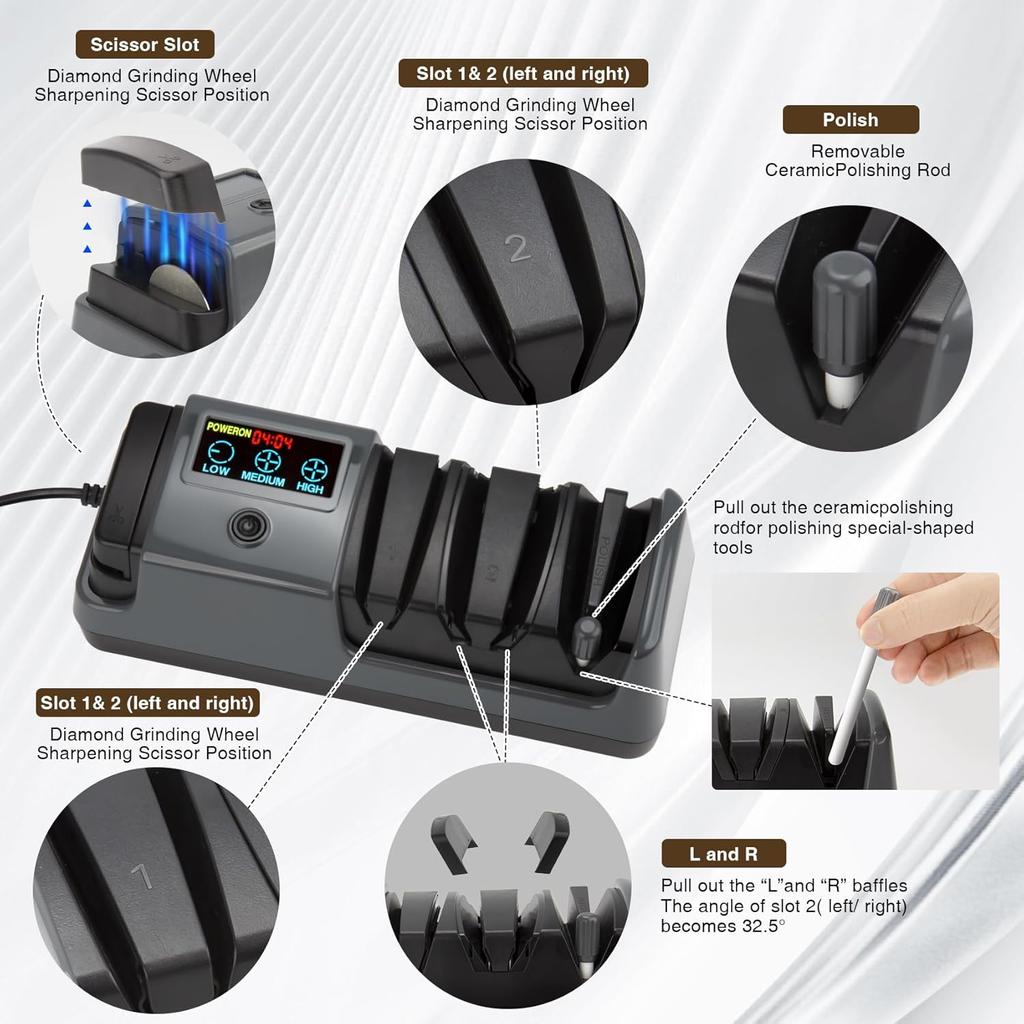 Professional 3-Stage Electric Knife Sharpener for Kitchen Knives, LCD Screen, 100% Diamond Abrasive, Adjustable Rotational Speed, Precision Angle