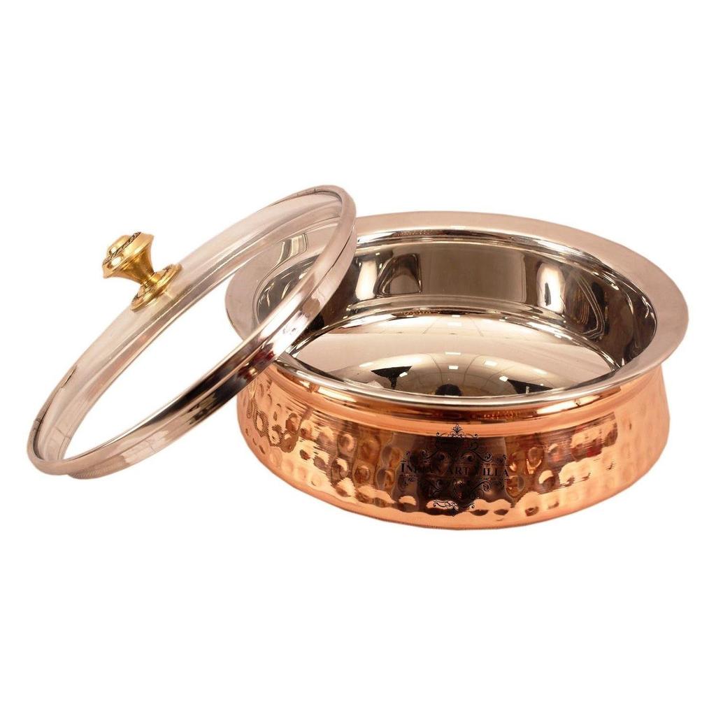 Steel Copper Serving Handi with Glass Lid, Serving Dishes Chicken Briyani Vegetables Home Hotel Restaurant Tableware, Volume - 800 ML (Pack of 1)
