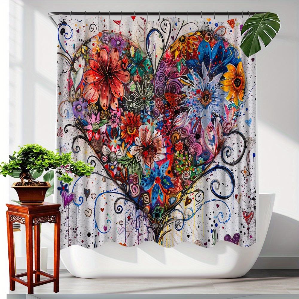 Colorful Heart With Flowers Waterproof Shower Curtain For Modern Bathroom Decor, Stylish And Durable, Perfect For Home Use