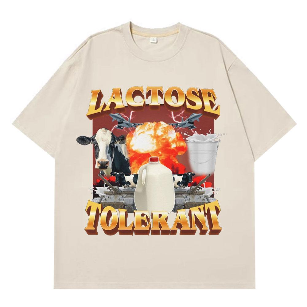 Lactose Tolerant Graphic Print TShirt Mens Vintage Fashion Short Sleeve Tshirts Cotton Casual Cozy Oversized Loose T Shirts