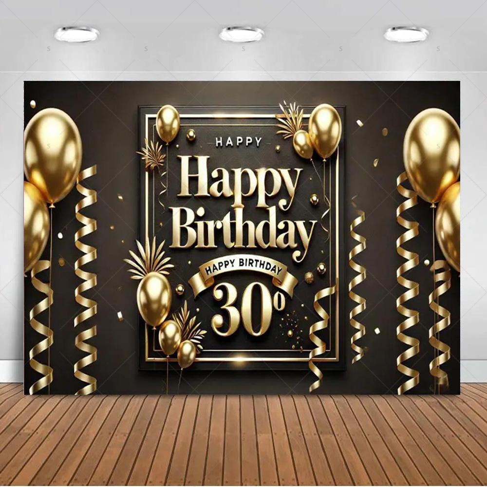 30th Birthday Party Decorations 30 Years Old Backdrop Supplies Black Gold Balloons Glitter Background Banner Photography Props
