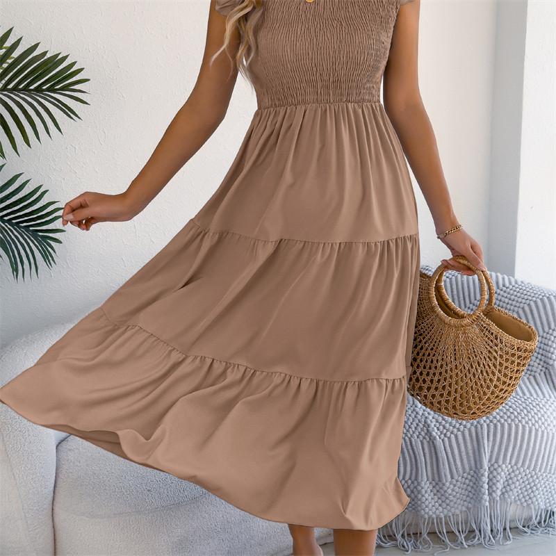 2026 Spring/Summer Women's Solid Color Black Fungal Edge Flying Sleeve Pulling Waist Skirt S-XL