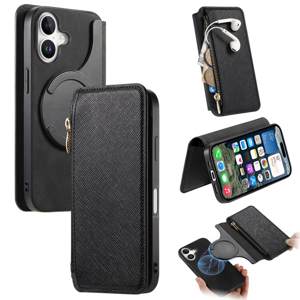 For iPhone 16 Case Cross Texture Leather Detachable Magnetic Phone Cover