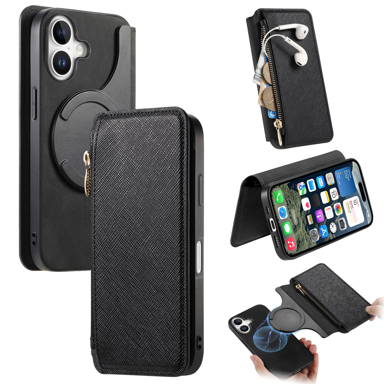 

For iPhone 16 Case Cross Texture Leather Detachable Magnetic Phone Cover D