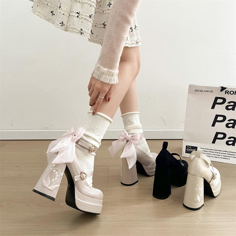 Spring and Autumn Women's Platform High Heels Lolita Shoes Cross Straps  Shallow Mouth Lolita Single Shoes
