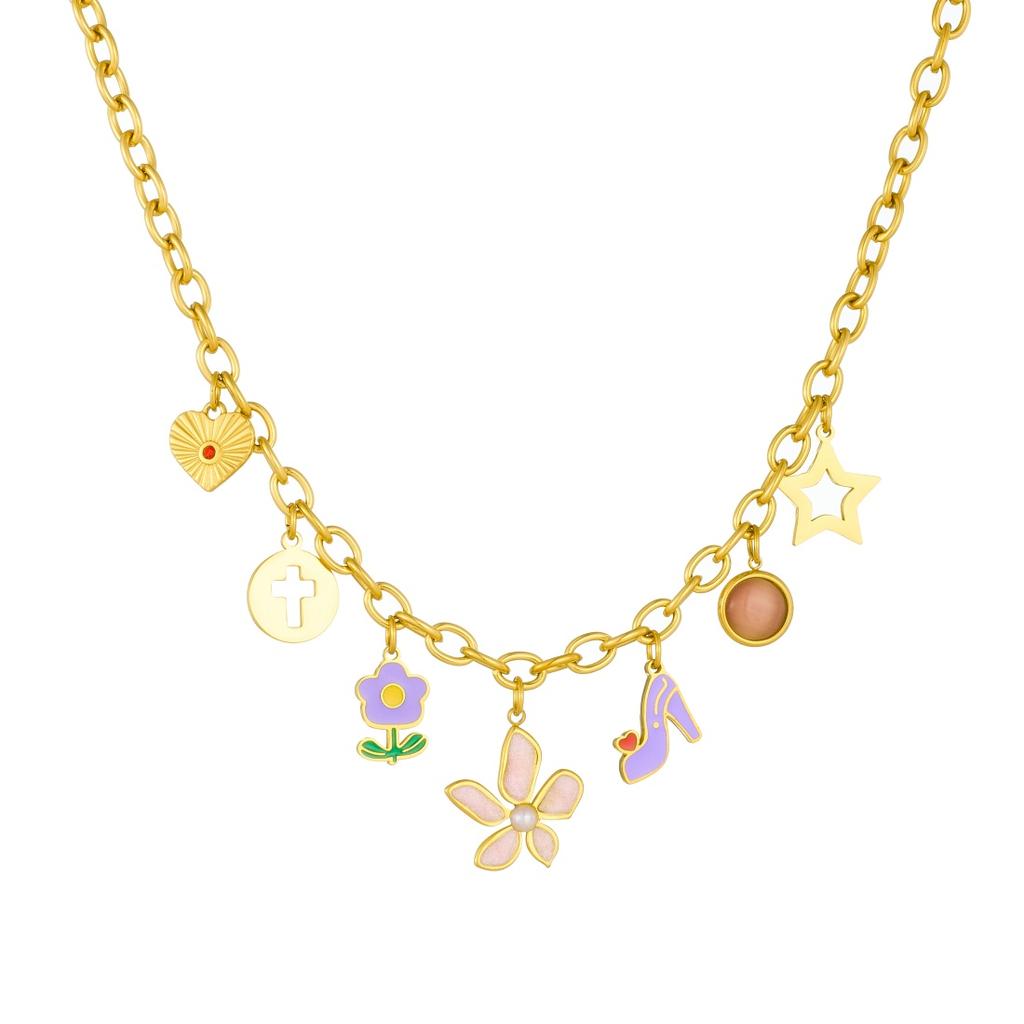 316L Stainless Steel Novel Fun Colorful Flowers High Heels Cross Star Heart Pendant Necklace Women New Trend Neck Chain
