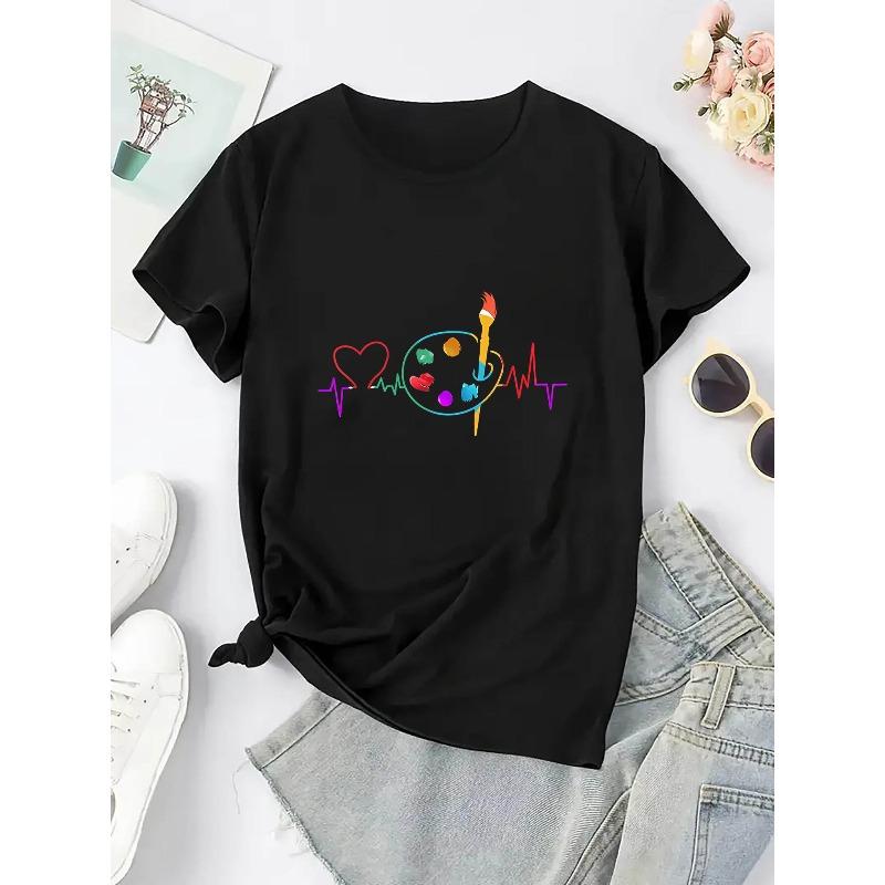 Women's Colorful Palette EKG Print T-Shirt Casual Crew Neck Short Sleeve Top