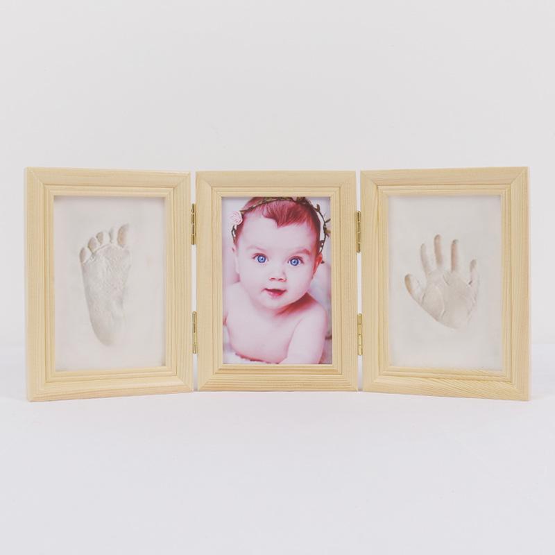 European Style Solid Wood Triple Photo Frame with Baby Hand & Footprint Ink Pad Souvenir
