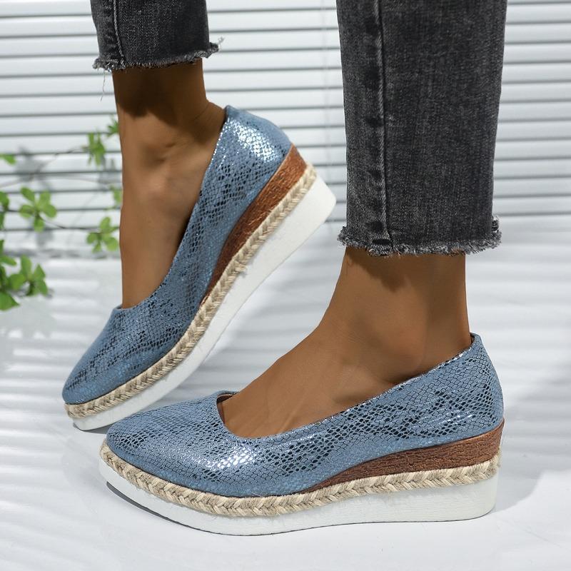 New Spring and Autumn New Woven Hemp Rope Muffin Bottom Shallow Mouth Breathable Snakeskin Pattern Pointed Women's Single Shoes