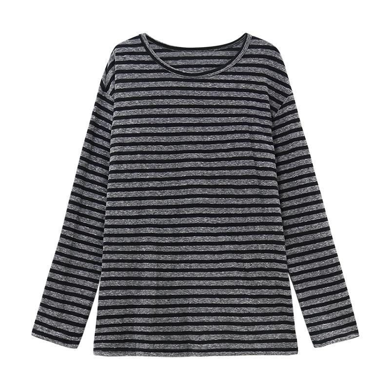 Lazy wind striped long-sleeved T-shirt women's spring and autumn new Korean loose medium and long outer wear with bottom top