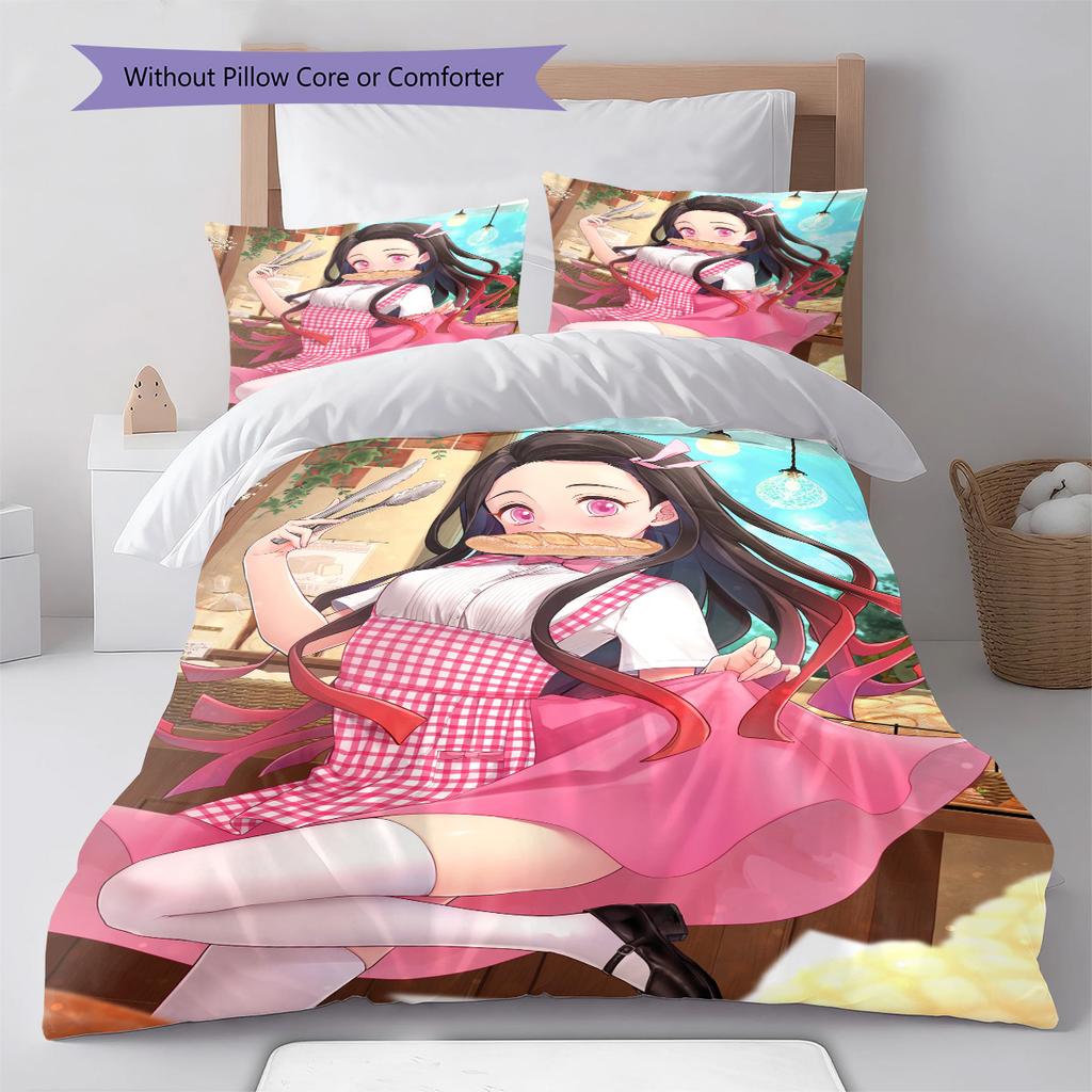 Demon Slayer Nezuko Kamado Magical Anime Bedding Set Duvet Cover Polyester Soft Comforter Bedroom Set -QJY