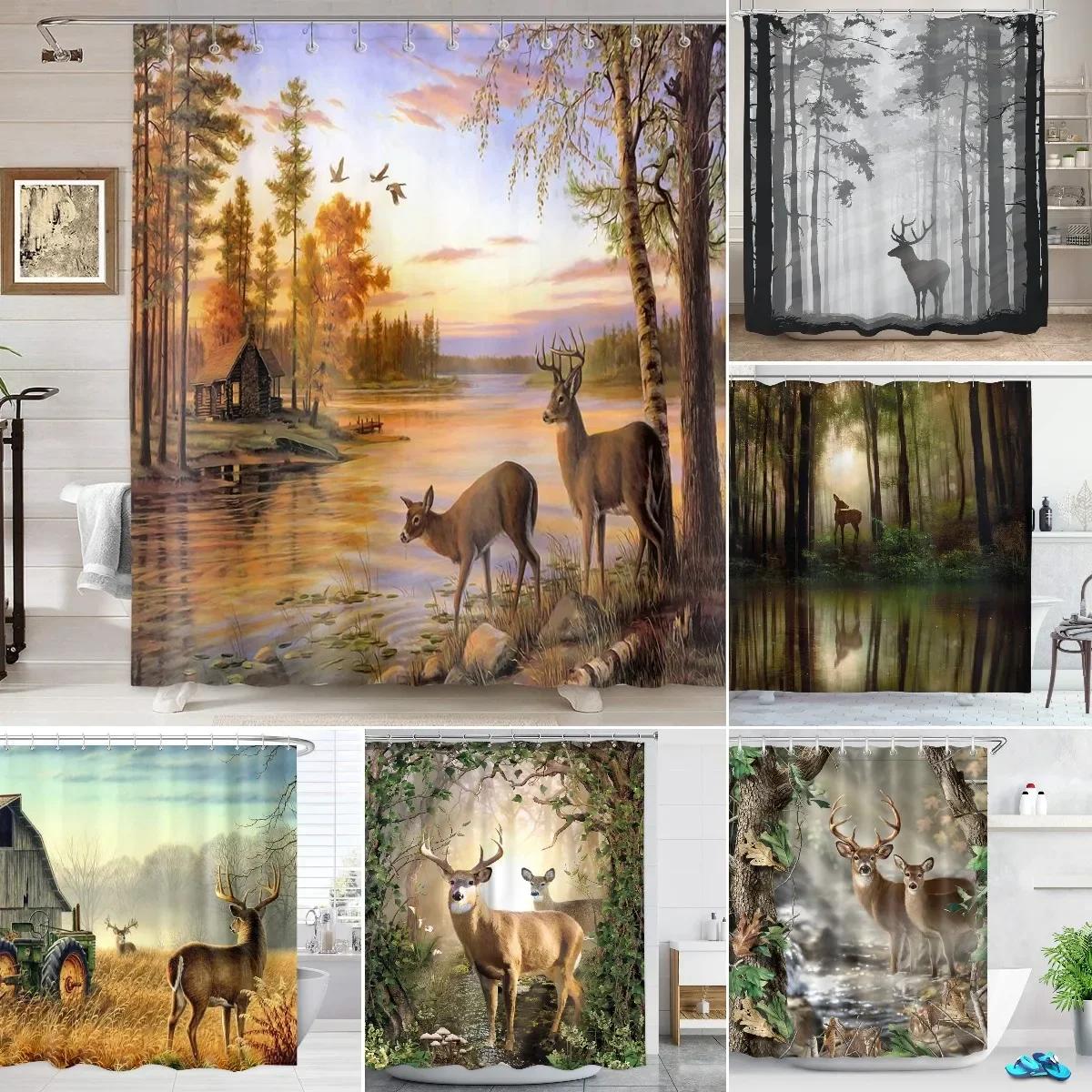 Textile Article Light Elk Shower Curtain Animals Theme Deer Safair In Stream River At Forest Sunset Shower Curtain Fabric Bathroom Decor Curtains
