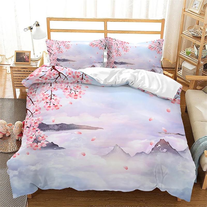Spring Flowers Duvet Cover Pink Sakura Girls Cherry Blossoms Quilt Cover Floral Polyester for Women Kids for Bedroom Decorations