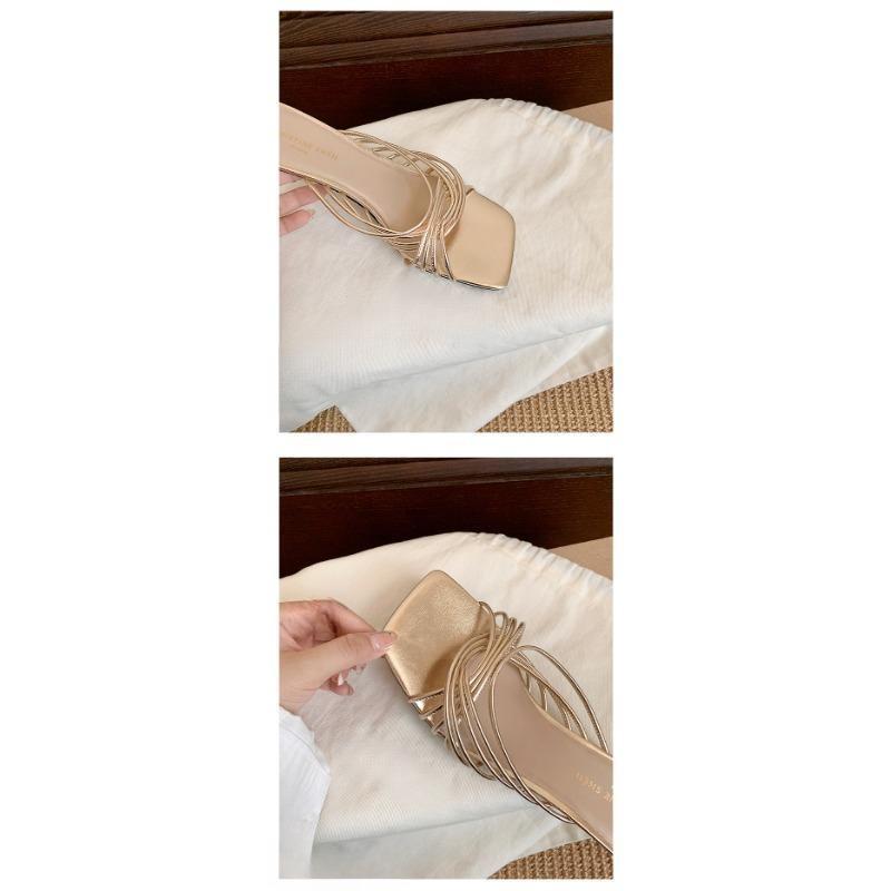 Square-toed Shoes High-heeled Slippers Women's Cross-strap Flip-flops