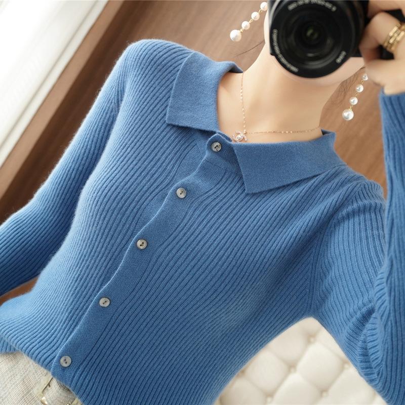 New Shirt Women's Long Sleeve Knitted Cardigan Jacket Slim-fit Large Size PO Neck Sweater Solid Color Button Top