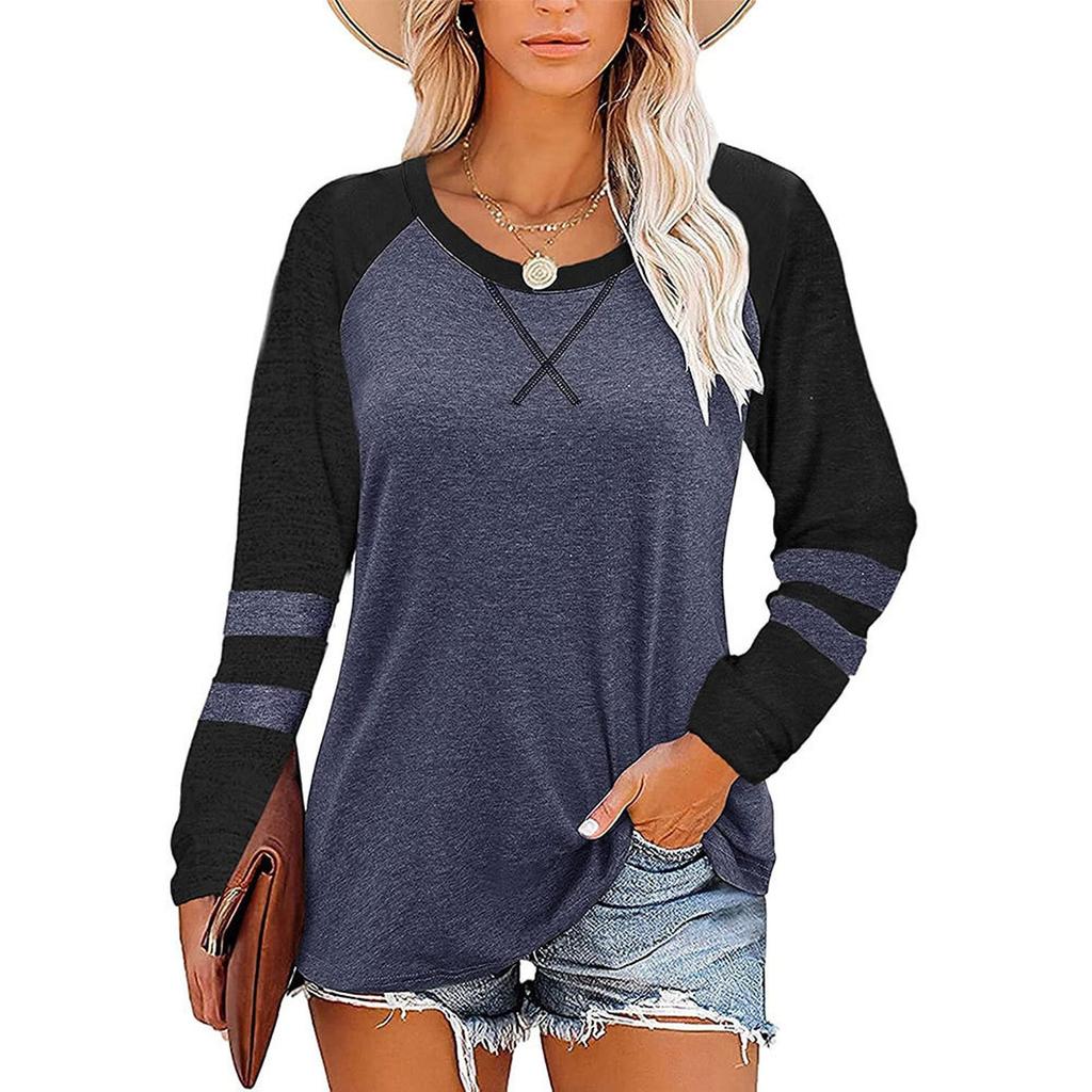 Ladies' Casual And Fashionable Color Blocked Round Neck Long Sleeved Casual Loose T-shirt Top