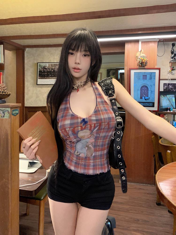 Canotta con stampa retrò americana, stile cartone animato, grunge, da donna, senza maniche, vintage, sexy, a quadri, Y2K, chic, con scollo all'americana, estate