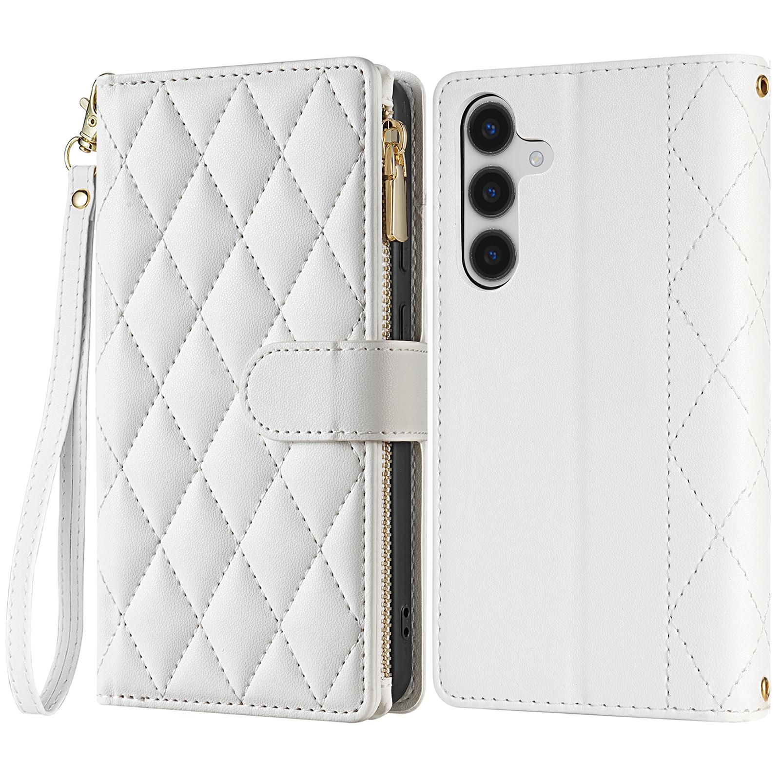 

CSJ-P2 For Samsung Galaxy A14 5G/4G Wallet Case with Straps Leather Phone Cover Rhombus Stitching White