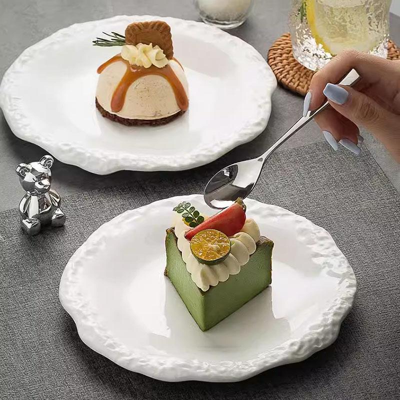 White Ceramic Stone Grain Dinner Plate High-end Western Steak Pasta Flat Plate 11 Inches Irregular Fruit Dessert Breakfast Dish