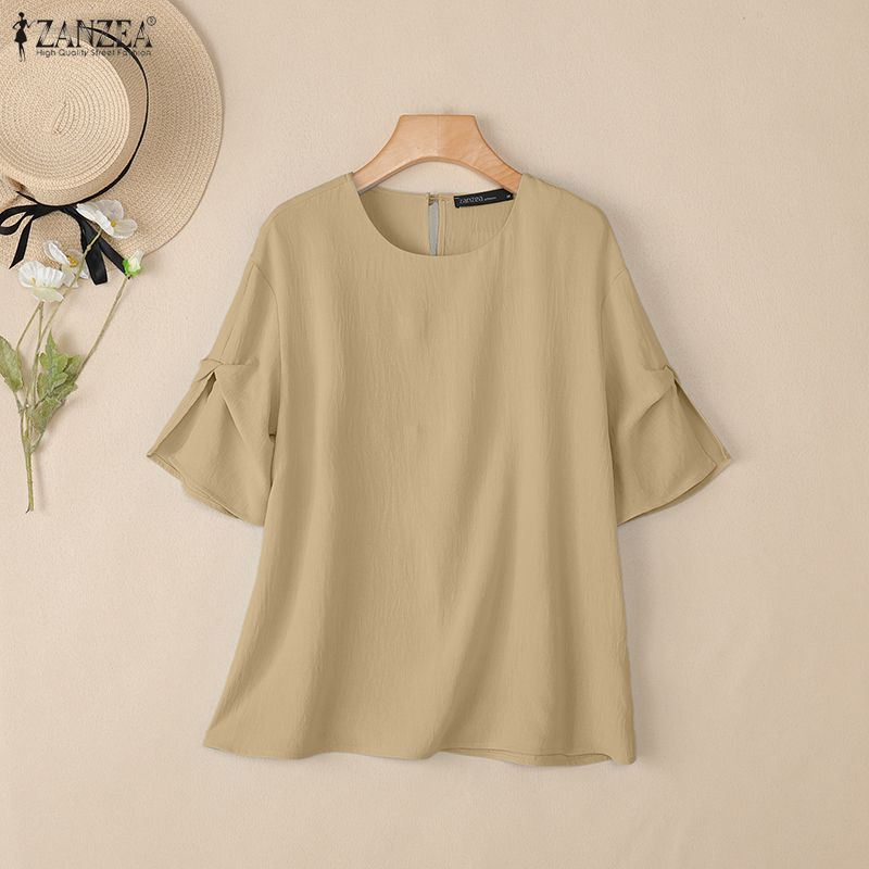 ZANZEA Women Round Neck Solid Color Casual Short Sleeve Blouse