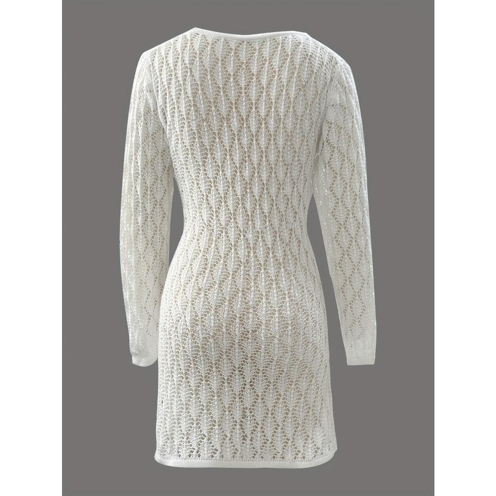 New European American Style Hollow Out Knit Beach Cover Up Sexy Long Sleeve Mini Dress Vacation Wear
