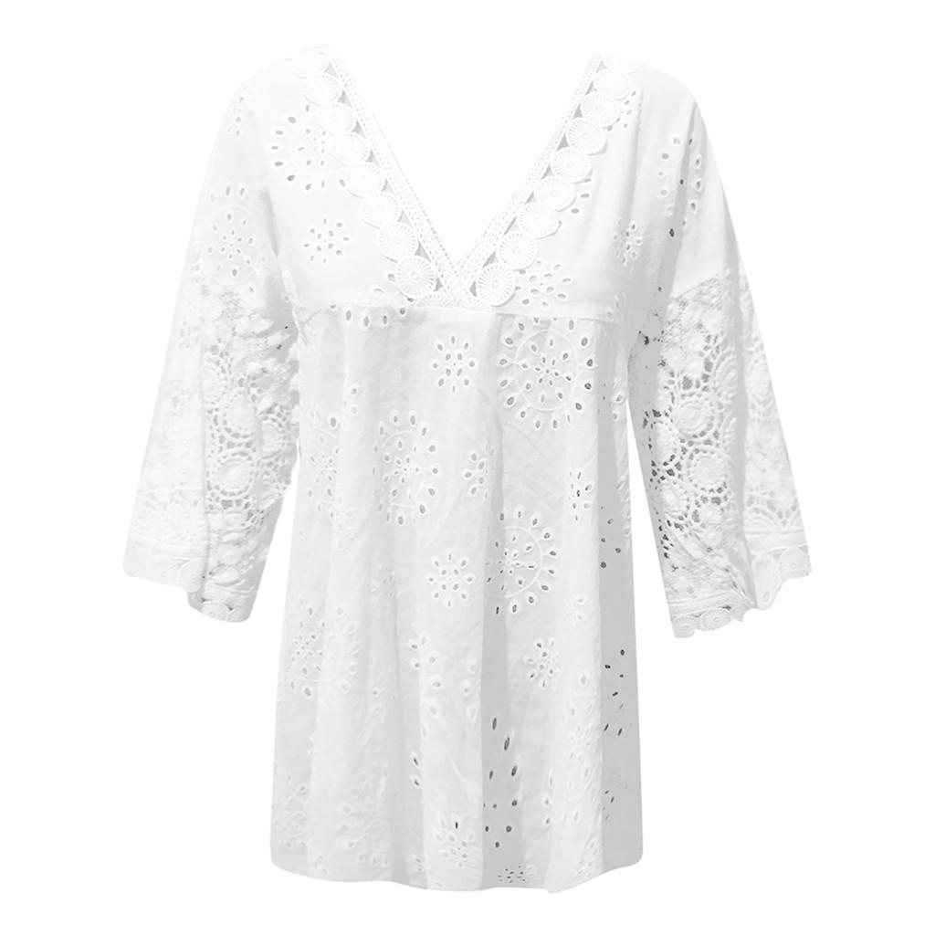 Women Half Sleeve Cotton Linen Hollow Out  Lace Patchwork T-Shirt Blouse Tops
