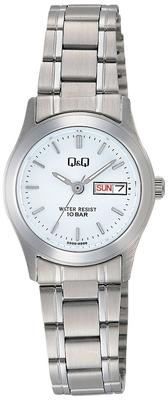 Citizen Analog Edelstahl Wasser Datum und Tag Metall Weiß Q&Q Damenuhr, Modell, Widerstandsfähig, Zifferblatt, Armband, Silber, W473-201