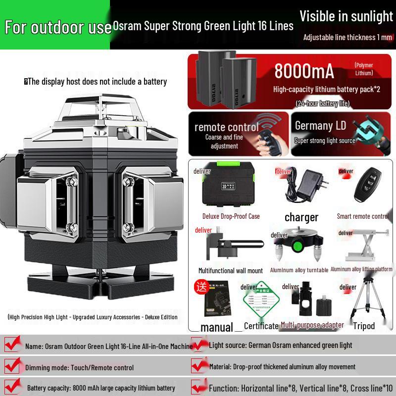 12-Line Green Laser Level with Automatic Leveling for Walls and Floors