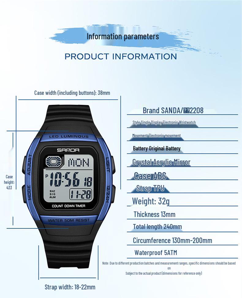 Sanda Universal Multifunctional Waterproof Sport Watch - Small Square Design for Students