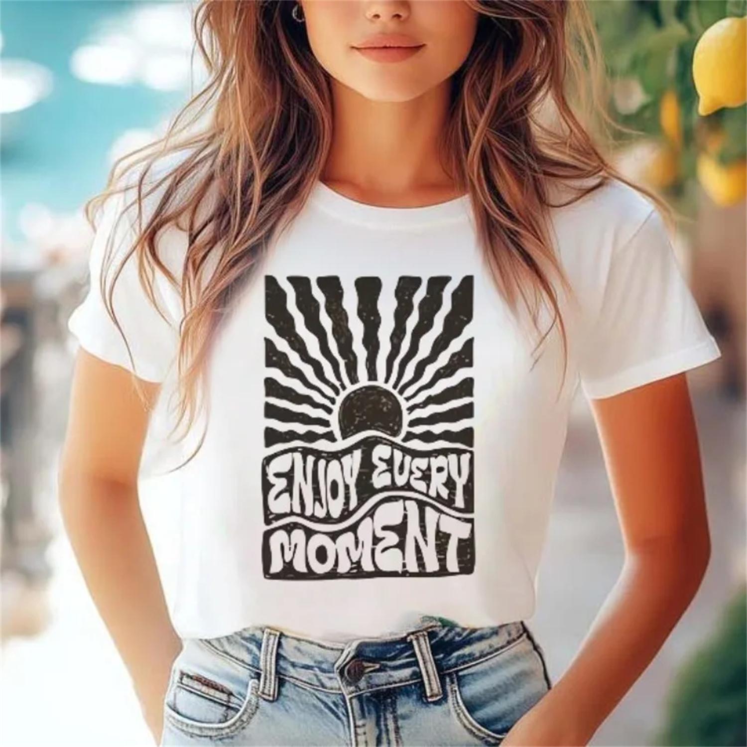 Retro Travel Fashion Pattern Casual Style Cartoon Round Neck Clothing Women s Short Sleeved Printed Beach Vacation Simple T-Shir S
