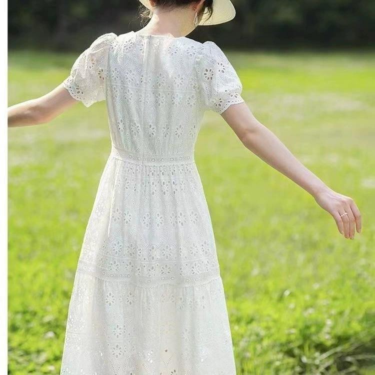 Women's Summer Round Neck Hollow Waist Temperament Long Dress Solid Color Thin Section Elegant French Dresses