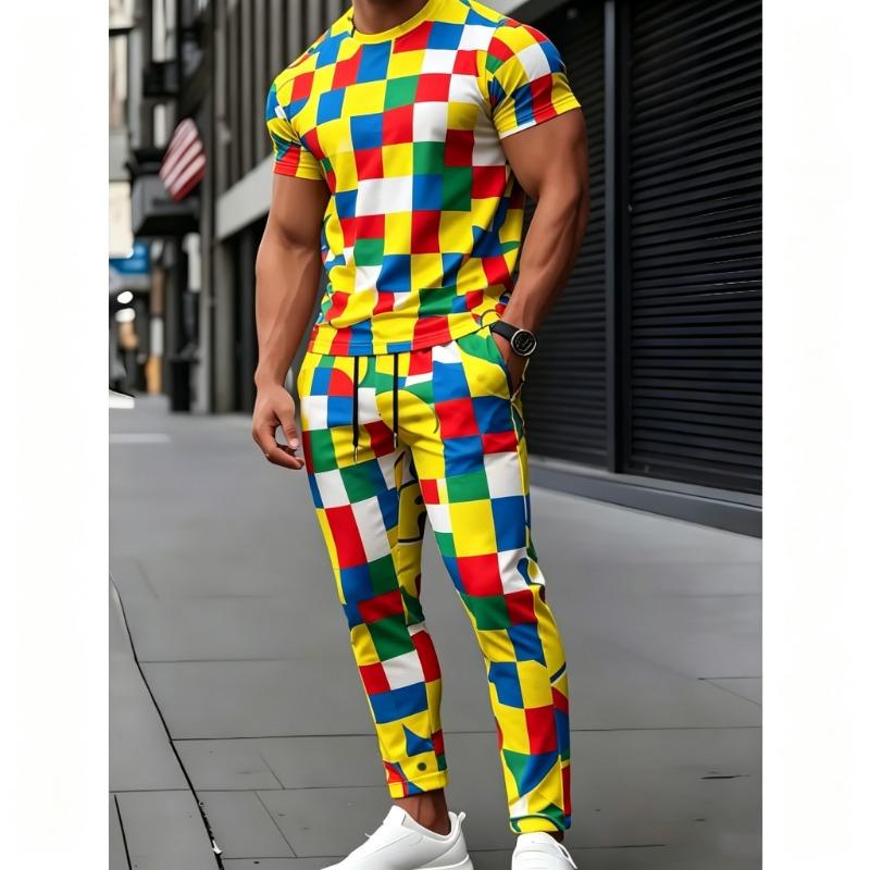 Kreatives Entenmuster Freizeit-Set für Herren Sommer Atmungsaktiv Bequem Outfit Rundhals Kurzarm Oberteil Und Kordelzug Lange Hose