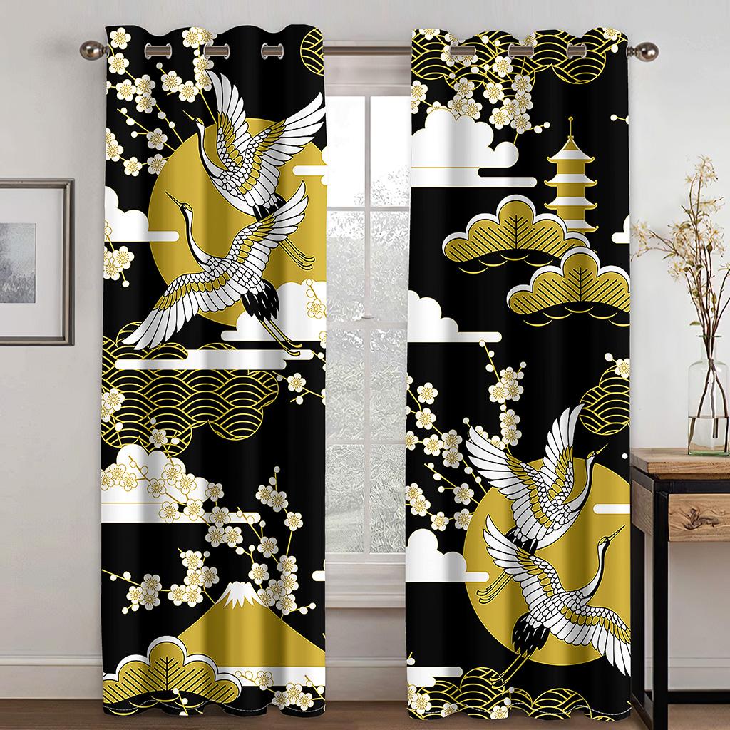 3D Japanese Style Window Treatments Chinese Red-crowned Crane Window Curtains for Bedroom Living Room Home Decor Hooks