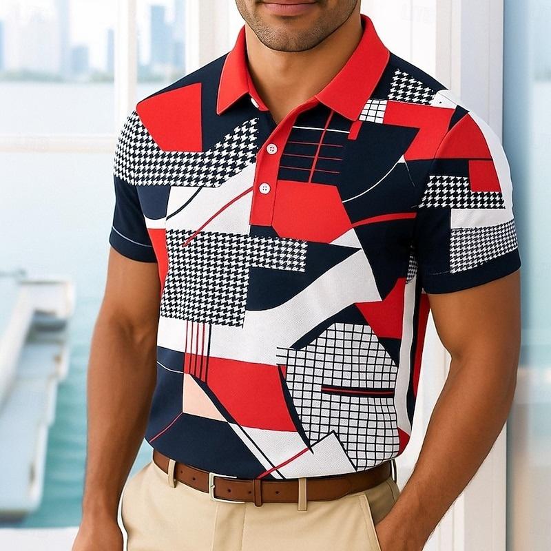 Fashionable geometric shapes, modern art patterns, fashionable men s polo shirts, summer short sleeved 3D printed tops S