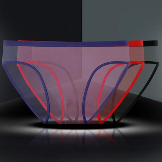Men Briefs Mid-rise Perspective Thin Underwear with Separate Pouches Solid Color Soft Texture Breathable Elastic Panties