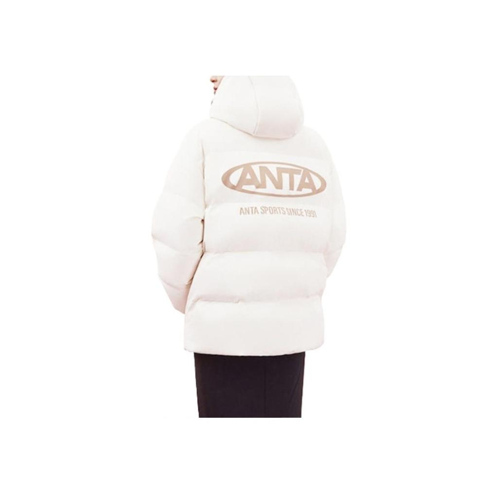 Anta Lifestyle Series Letter Print Snow Shell Three-Proof Hooded Down Jacket Women Outerwear Vanilla-White 962348902-1