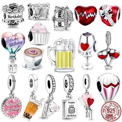 Happy Birthday 925 Sterling Silver Birthday Cake Balloon Beer Dangle Charm Bead Fit Original Fasion Bracelet Women Jewelry Gift