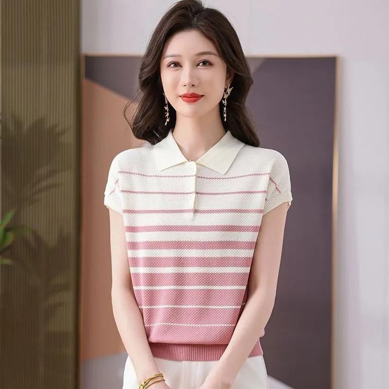 

Women s Pink and White Striped Knit Polo Shirt Casual Short Sleeve Collared Top S розовый