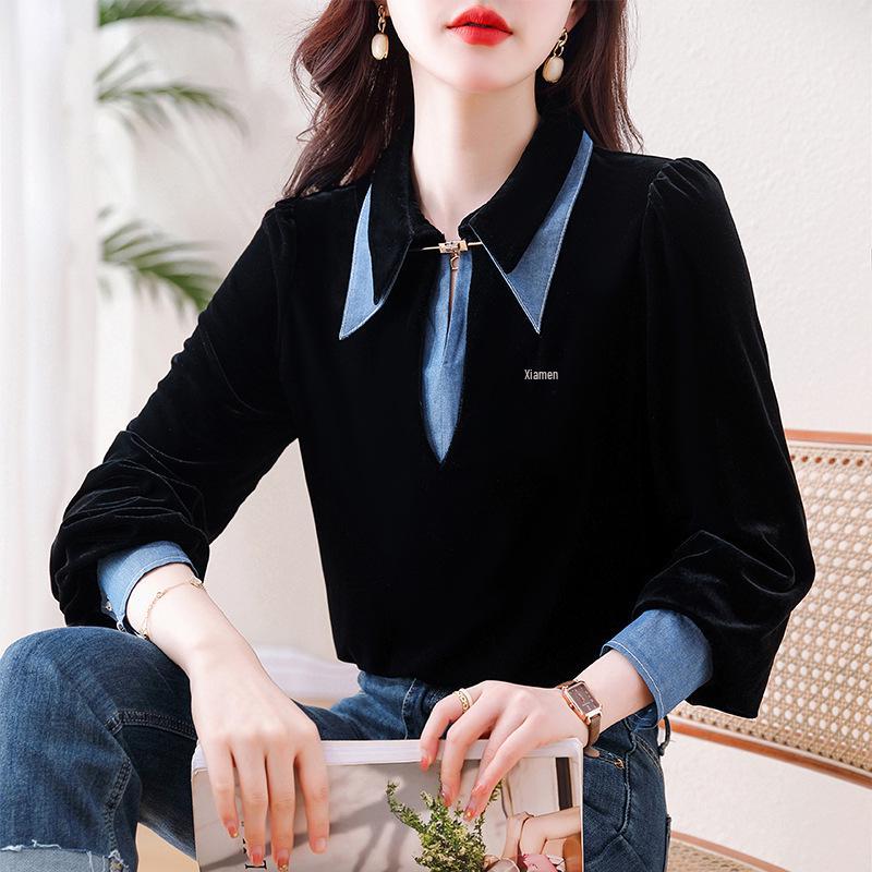 Women's Velvet Long Sleeve Denim Patchwork Two-Piece Shirt - Early Autumn 2023 Trend.