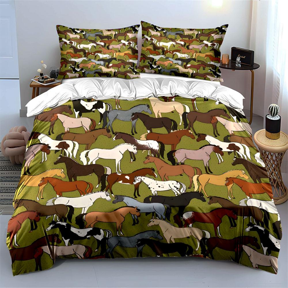 Colorful Horse Pattern Set Suitable For Equestrian-Themed Designs. Exquisite Three-Piece Bedding Set Gift For Kids Adults