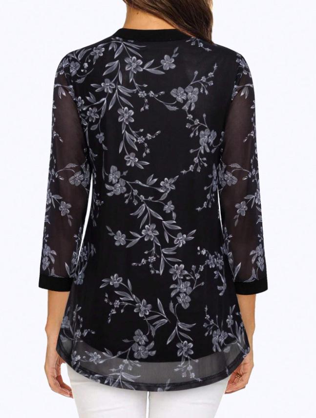 Women's European & American V-neck 3/4 Sleeve Printed Chiffon Loose Plus Size Top